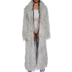 Women's Gray Faux Fur Long Coat